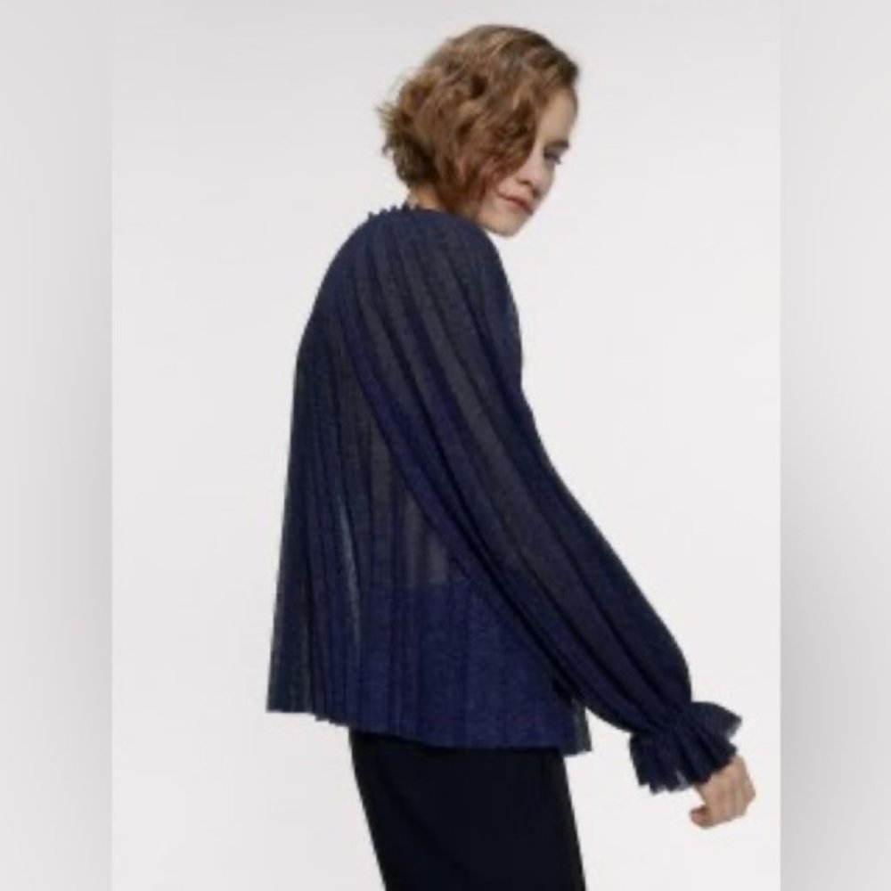 Zara Womens Navy Blue Pleated Sheer Long Sleeve Blouse Size Small Statement